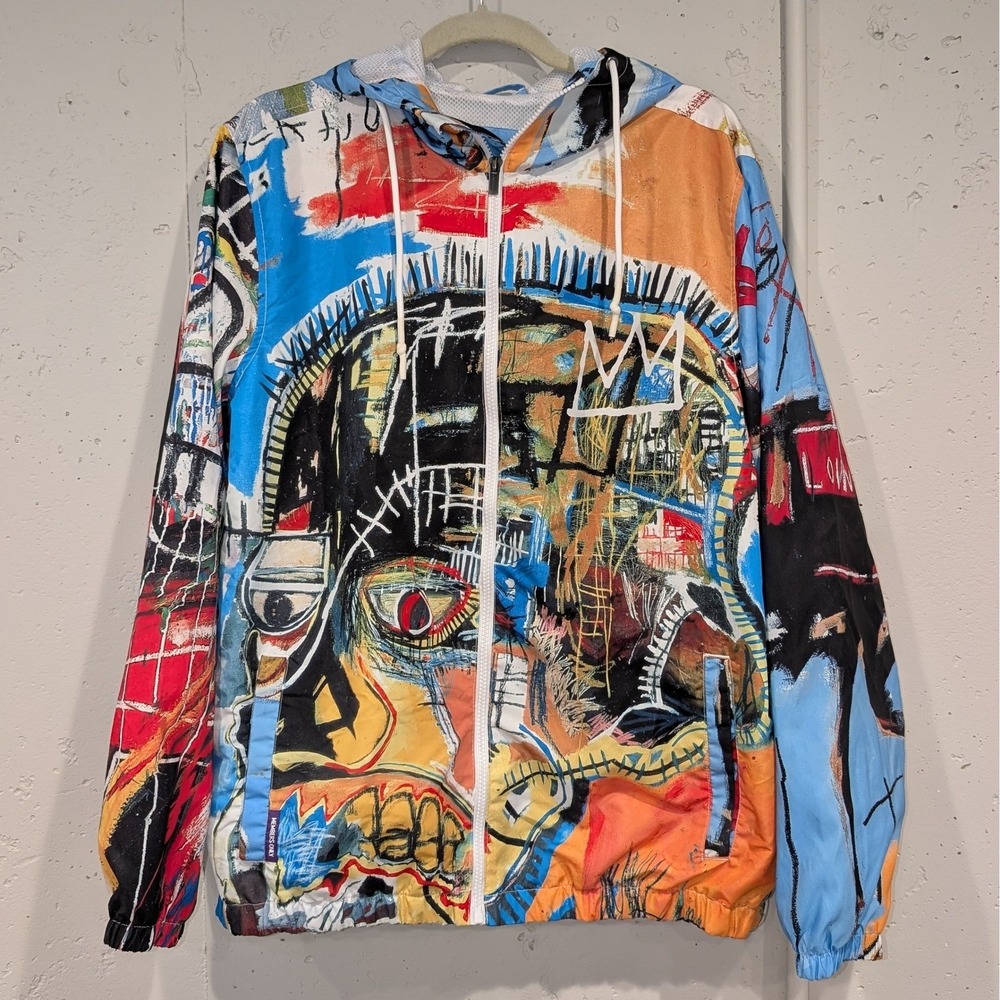 Members Only Basquiat Windbreaker Hooded Jacket Size L Multicolor Graffiti Art